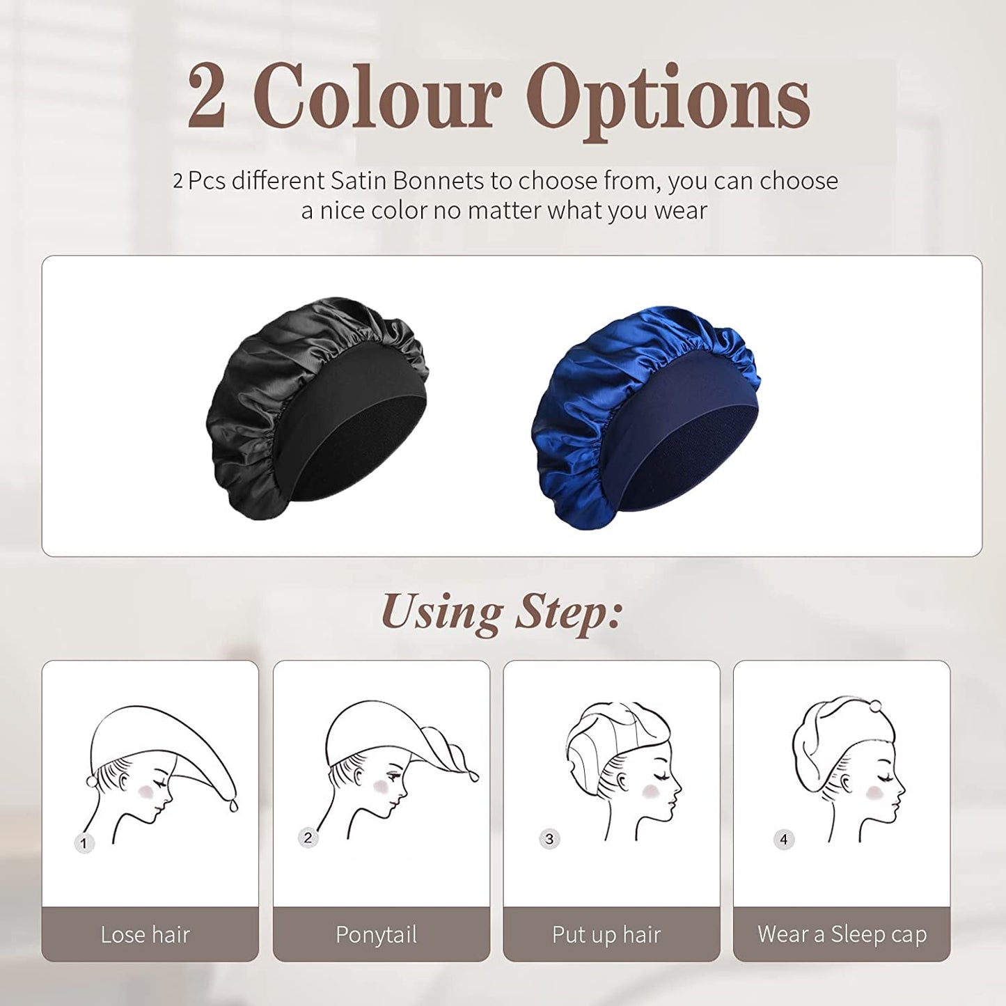 Silk Bonnet Satin Bonnet, Silk Hair Wrap for Sleeping, Soft and Comfortable Silk Sleep Cap, Black, Navy