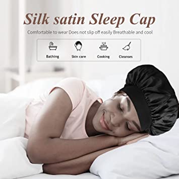 Silk Bonnet Satin Bonnet, Silk Hair Wrap for Sleeping, Soft and Comfortable Silk Sleep Cap, Black, Navy