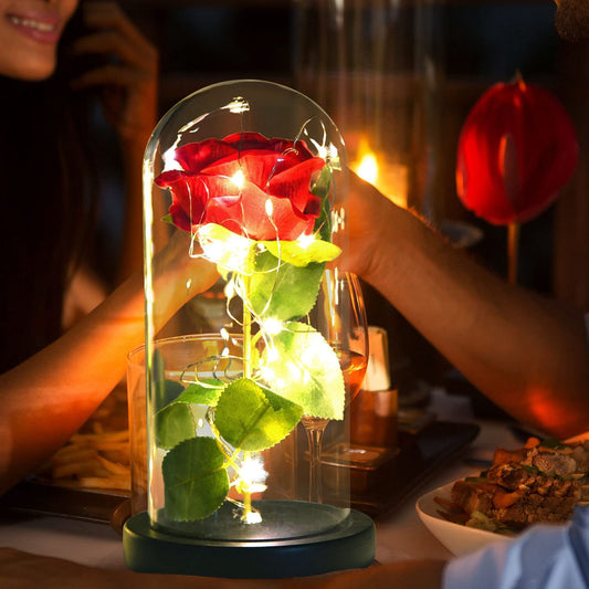 Rose Flower, Dipped Rose Preserved Flowers in Glass Dome Enchanted Rose Lamp with LED Light String for Mother's Day Wedding Anniversary Valentines Christmas Best Gift