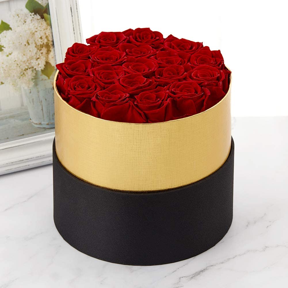 Preserved Roses in a Box Real Roses Rosebox That Last a Year Gift for Her (Round Black Box, Red)