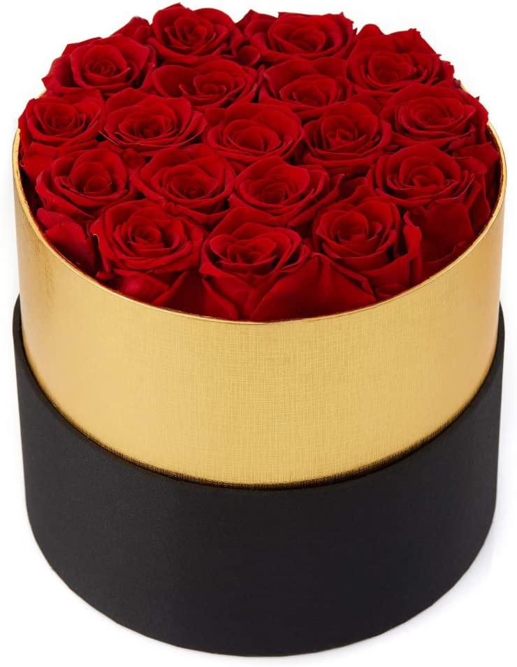 Preserved Roses in a Box Real Roses Rosebox That Last a Year Gift for Her (Round Black Box, Red)