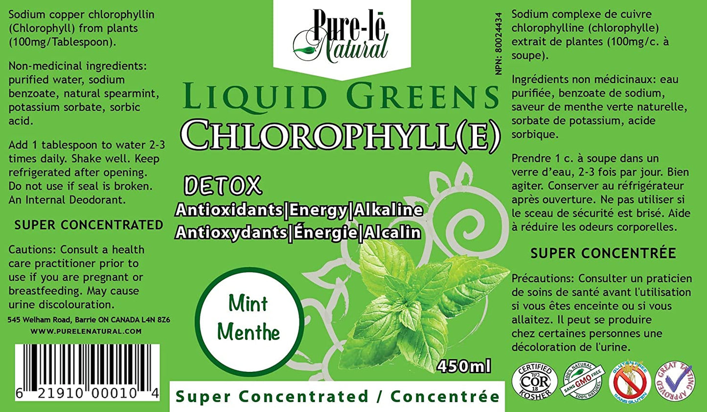 Liquid Greens Chlorophyll Mint 450ml - Balance pH, Energize, Detox and Cleanse without calories! Ultra Premium Dietary Supplement - No Fillers or Binders, No Artificial Ingredients - Made in Canada