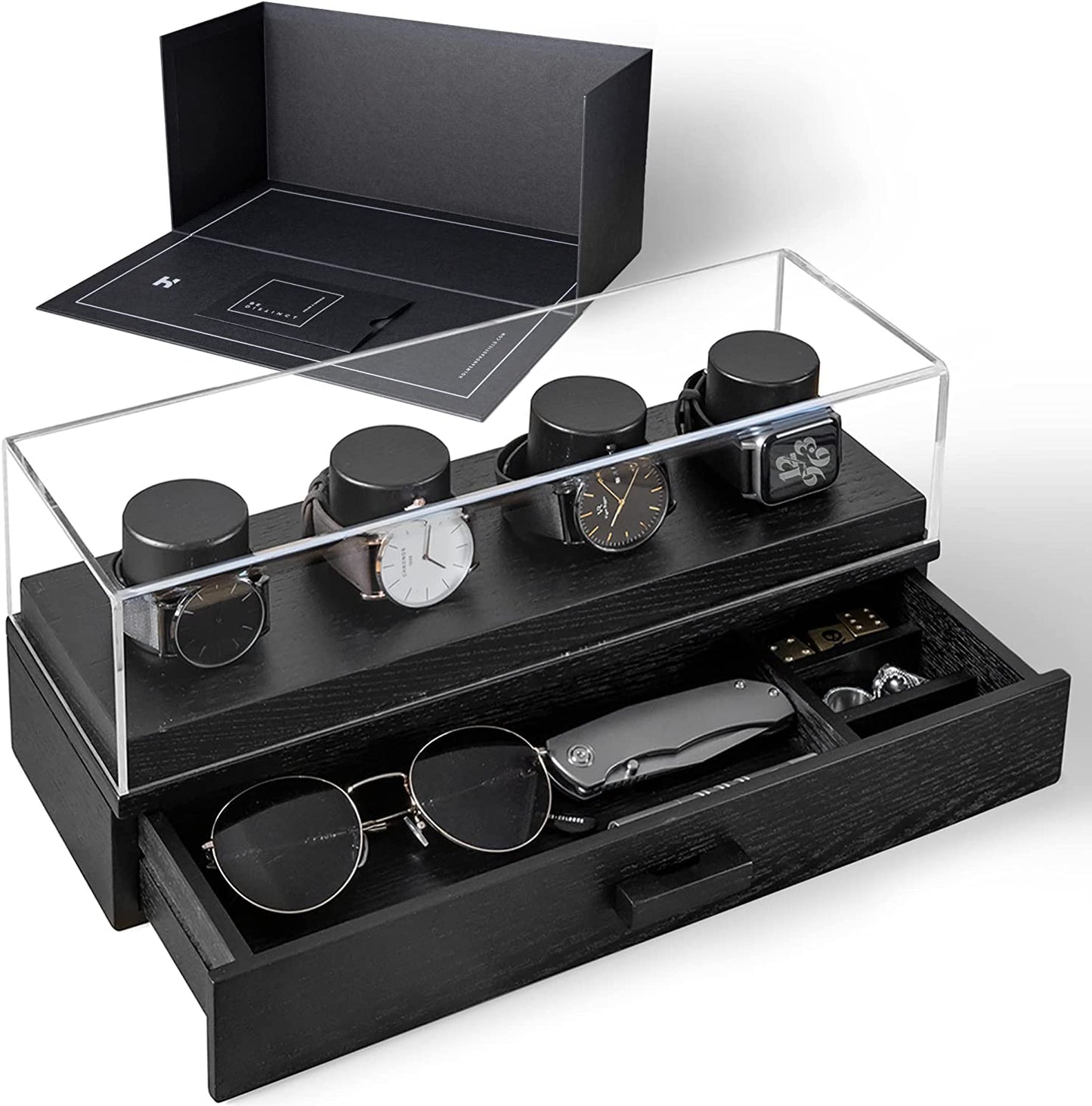 Watch Display Case For Men - Watch Case Holder Organizer For Men - Wooden Watch Box Mens Watch Case Black - Gift For Boyfriend Fathers Day Birthday Gifts For Him Men Dad Son Husband Accessories