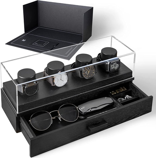 Watch Display Case For Men - Watch Case Holder Organizer For Men - Wooden Watch Box Mens Watch Case Black - Gift For Boyfriend Fathers Day Birthday Gifts For Him Men Dad Son Husband Accessories