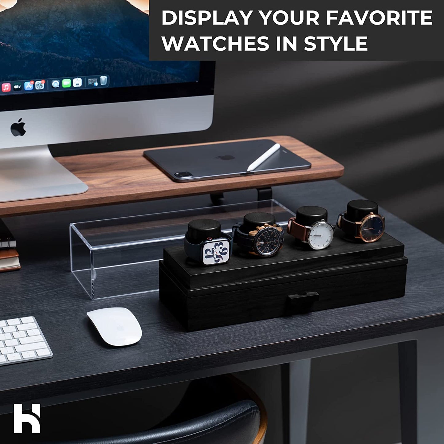 Watch Display Case For Men - Watch Case Holder Organizer For Men - Wooden Watch Box Mens Watch Case Black - Gift For Boyfriend Fathers Day Birthday Gifts For Him Men Dad Son Husband Accessories