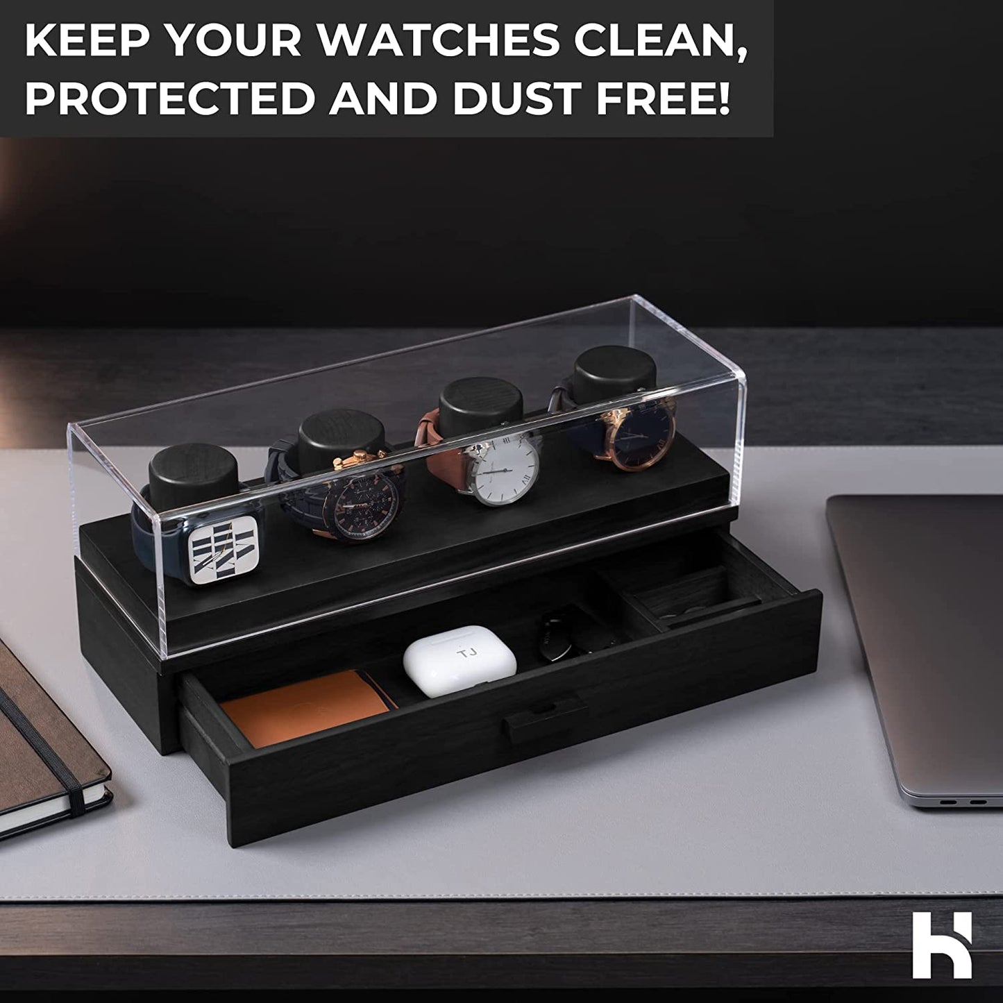 Watch Display Case For Men - Watch Case Holder Organizer For Men - Wooden Watch Box Mens Watch Case Black - Gift For Boyfriend Fathers Day Birthday Gifts For Him Men Dad Son Husband Accessories