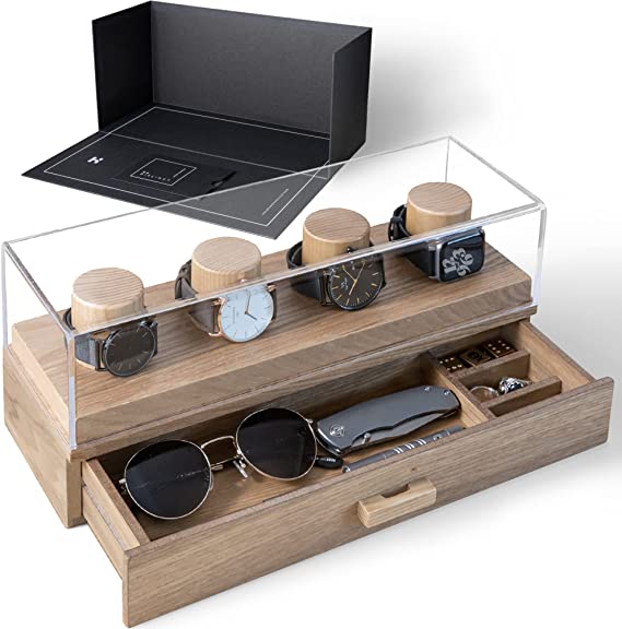 Watch Display Case For Men - Watch Case Holder Organizer For Men - Wooden Watch Box Mens Watch Case Black - Gift For Boyfriend Fathers Day Birthday Gifts For Him Men Dad Son Husband Accessories