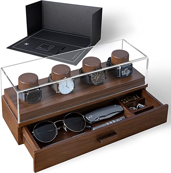 Watch Display Case For Men - Watch Case Holder Organizer For Men - Wooden Watch Box Mens Watch Case Black - Gift For Boyfriend Fathers Day Birthday Gifts For Him Men Dad Son Husband Accessories