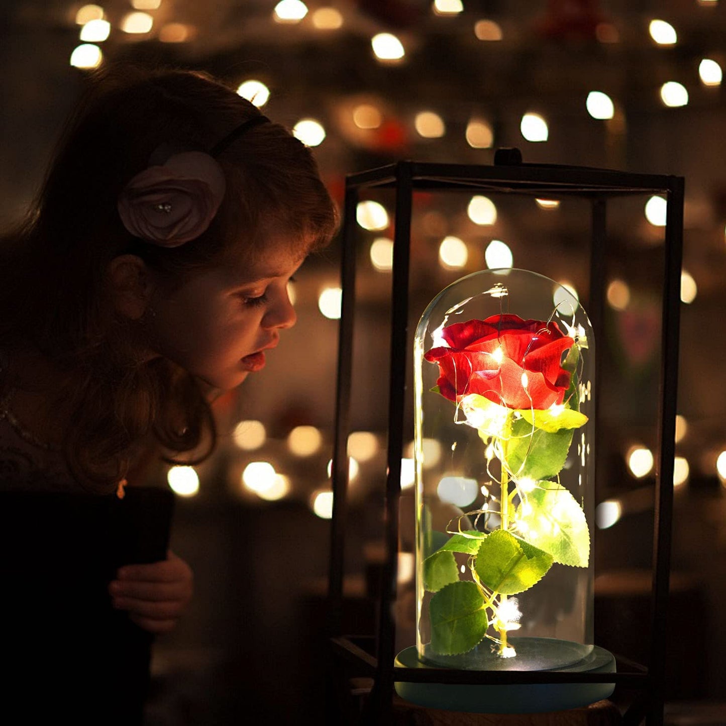 Rose Flower, Dipped Rose Preserved Flowers in Glass Dome Enchanted Rose Lamp with LED Light String for Mother's Day Wedding Anniversary Valentines Christmas Best Gift