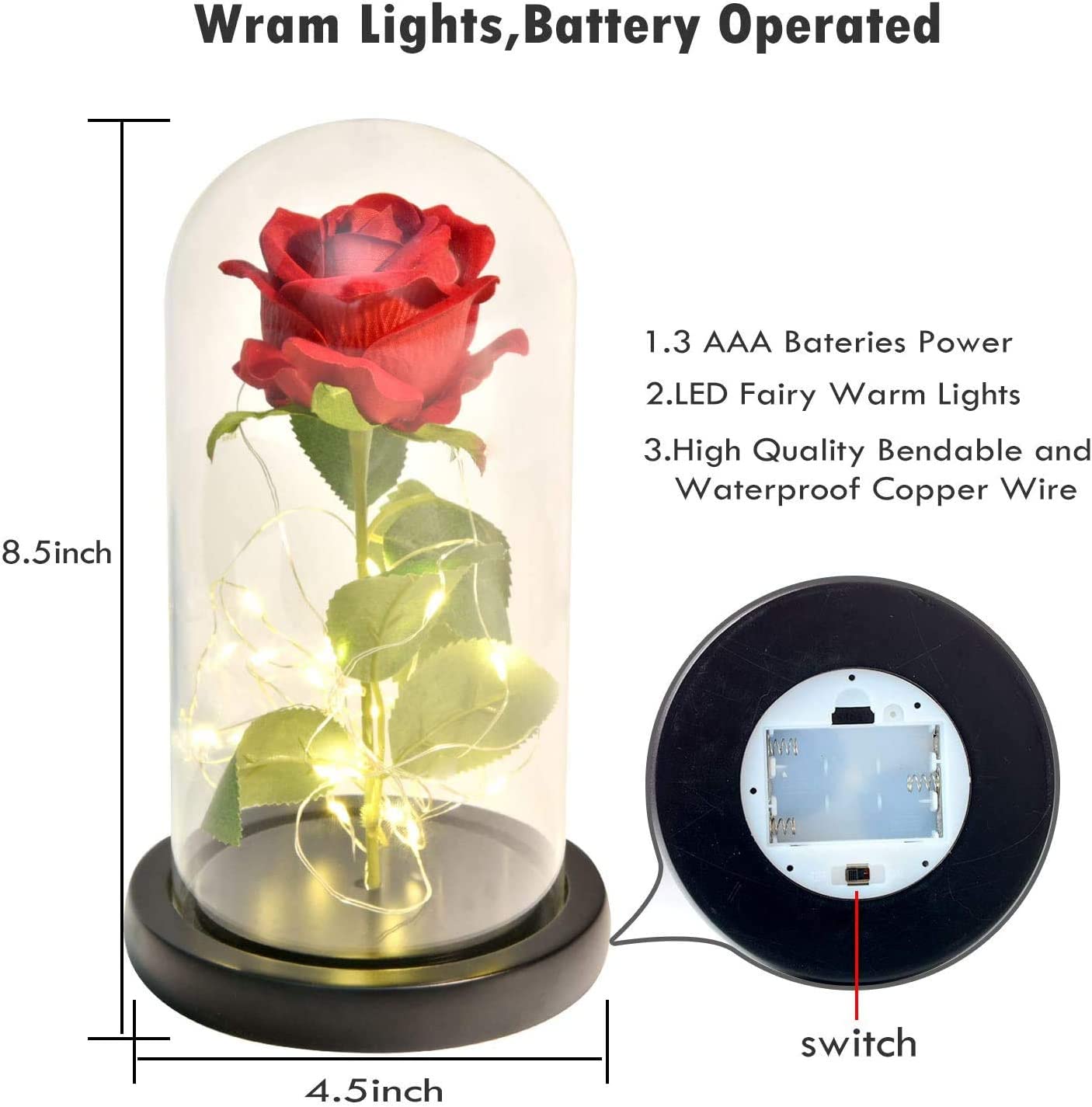 Rose Flower, Dipped Rose Preserved Flowers in Glass Dome Enchanted Rose Lamp with LED Light String for Mother's Day Wedding Anniversary Valentines Christmas Best Gift