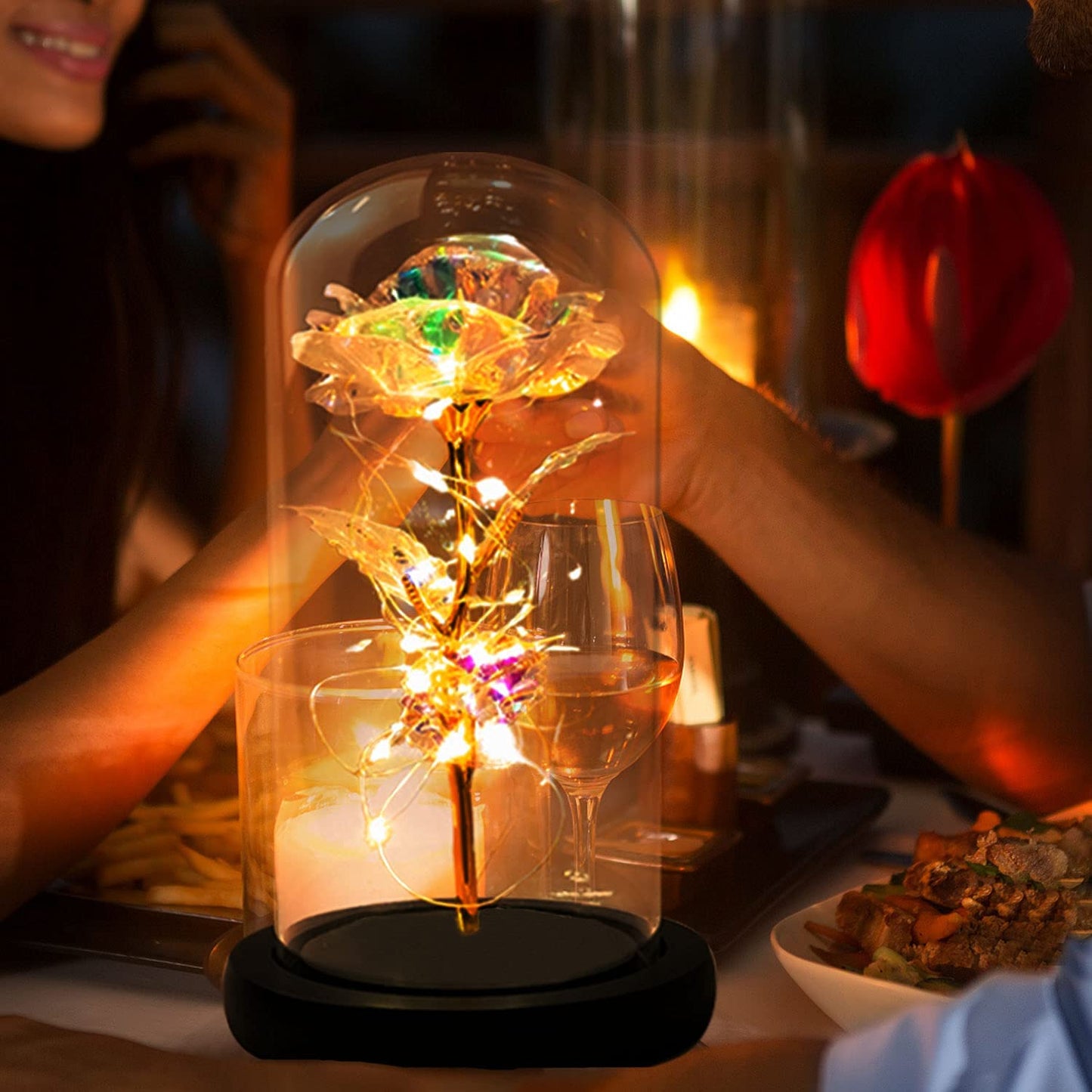 Rose Flower, Dipped Rose Preserved Flowers in Glass Dome Enchanted Rose Lamp with LED Light String for Mother's Day Wedding Anniversary Valentines Christmas Best Gift