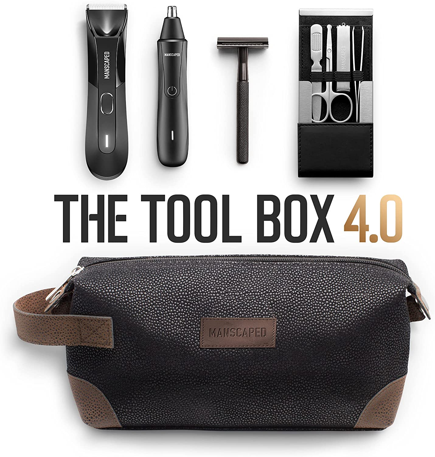 MANSCAPED™ The Tool Box 4.0 Contains: The Lawn Mower™ 4.0 Electric Trimmer, The Weed Whacker™ Nose and Ear Hair Trimmer, The Plow™ 2.0, The Shears™ Four Piece Luxury Nail Kit, The Shed™ Toiletry Bag