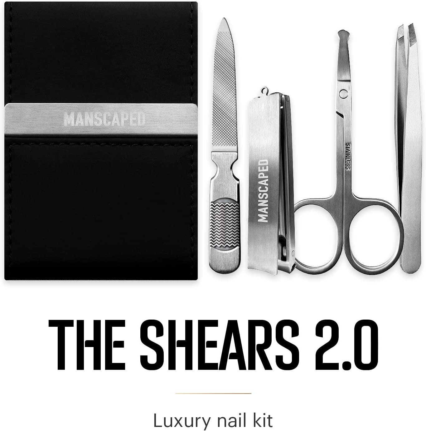 MANSCAPED™ The Tool Box 4.0 Contains: The Lawn Mower™ 4.0 Electric Trimmer, The Weed Whacker™ Nose and Ear Hair Trimmer, The Plow™ 2.0, The Shears™ Four Piece Luxury Nail Kit, The Shed™ Toiletry Bag