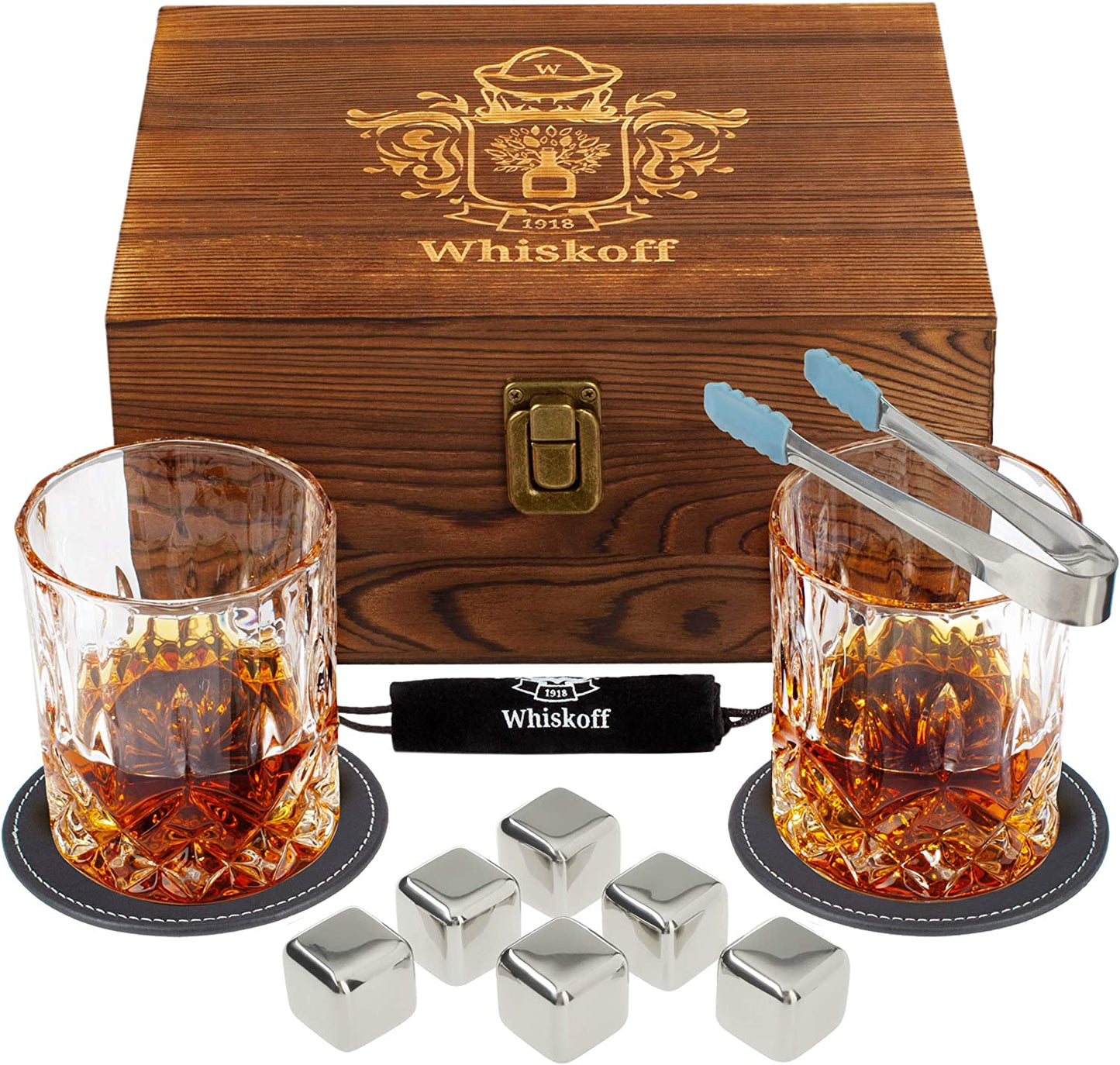 Whiskey Glasses Set - Whisky Chilling Stainless Steel Ice Cubes Set - Scotch Glasses Gift in Wooden Box - 6 Wisky Metal Ice Cubes - Bourbon Set Gift Box - Whiskey Gift Set for Men Dad for Birthday