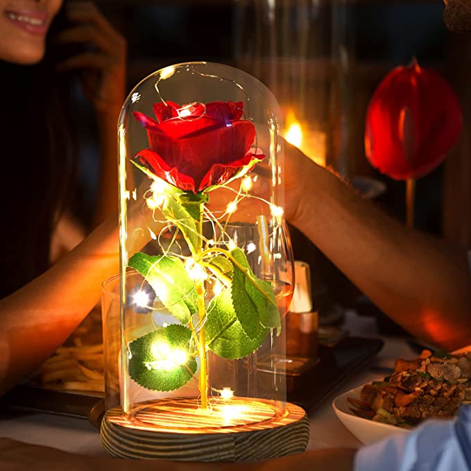 Rose Flower, Dipped Rose Preserved Flowers in Glass Dome Enchanted Rose Lamp with LED Light String for Mother's Day Wedding Anniversary Valentines Christmas Best Gift